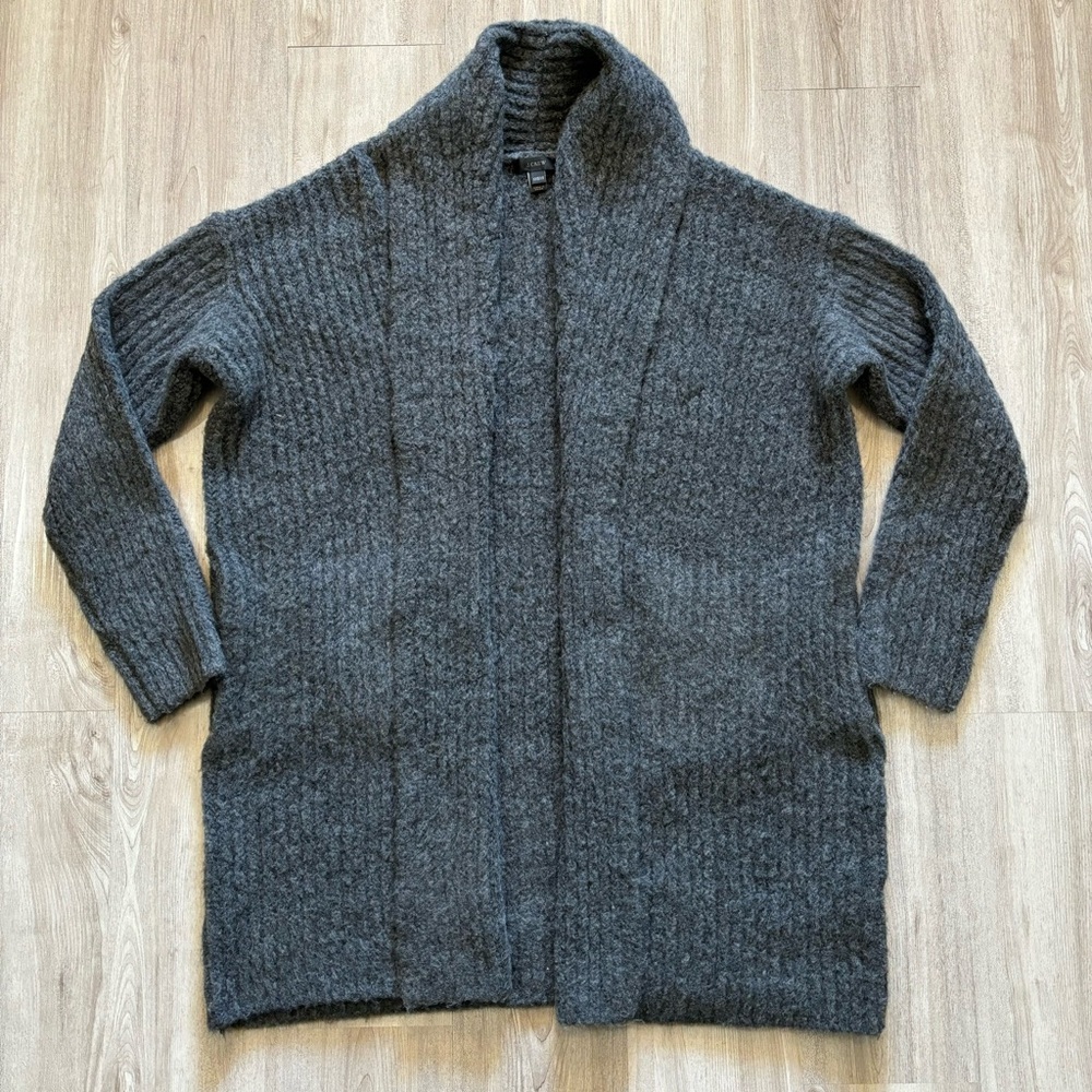 J Crew Long Sweater Womens XXS/XS Gray Open-Front Chunky Knit Pockets Wool Blend